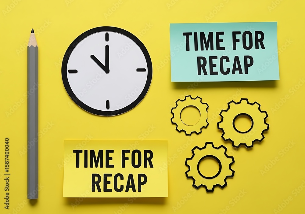 Poster time for recap analyzing business strategy through gears and clock for planning