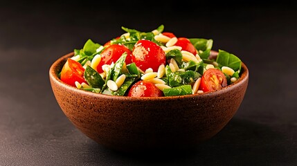 Fresh orzo pasta salad with cherry tomatoes and spinach in a rustic bowl