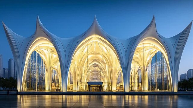 Illuminated modern building with pointed arches and glass facade
