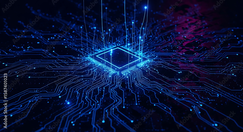 Poster glowing blue circuit board with central processor and radiating lines on a dark background - ai gene