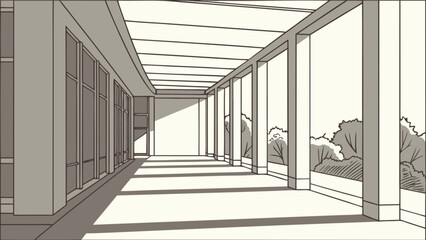 Architectural perspective drawing of a modern building interior with columns and natural light design concept