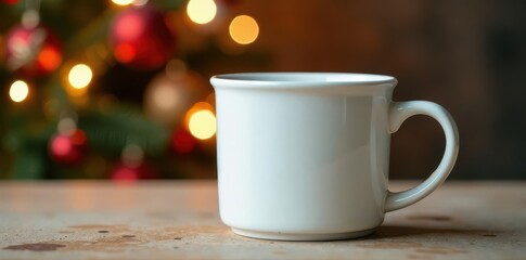 Close-up of a plain white mug against a festive Christmas backdrop , design element, winter