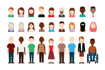 Diverse People Icons: A collection of diverse flat icons representing people of various ethnicities, genders, and abilities.  Perfect for inclusivity and diversity-related projects.