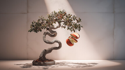A twisted bonsai-style tree with a sinuous trunk, growing from a round base filled with soil. Suspended in midair next to the tree is a sliced red apple - Generative AI