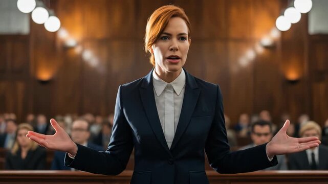 Female business professional addresses courtroom audience in formal setting