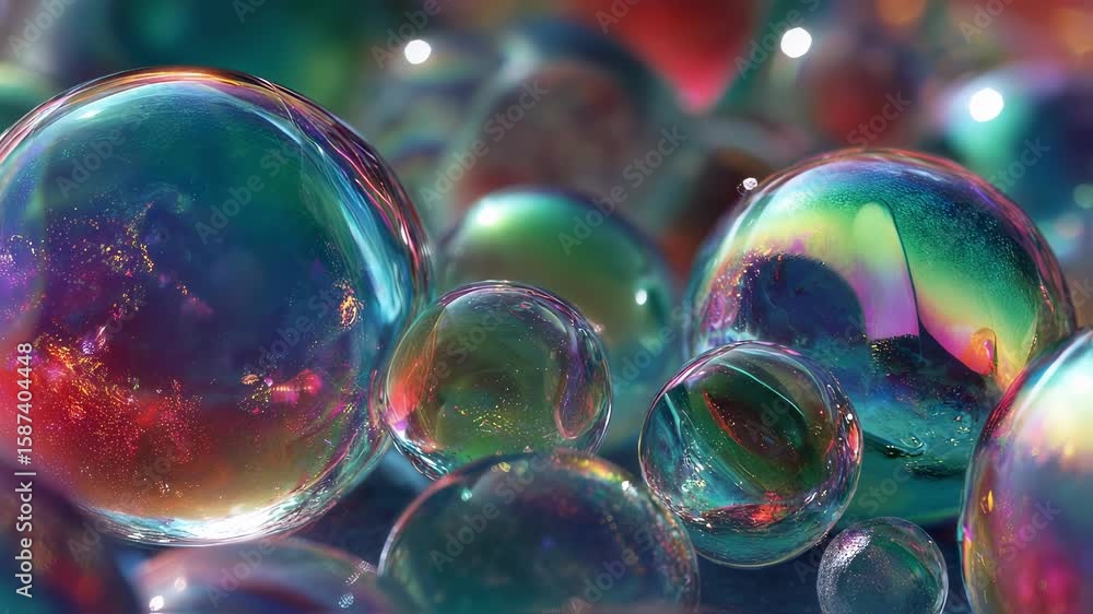 Poster a captivating animation featuring a cluster of iridescent glass orbs that pulsate and shift in size 