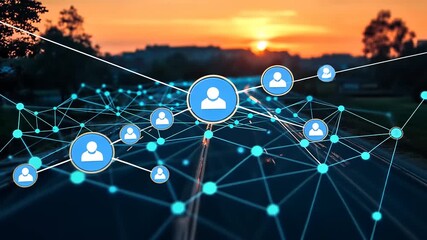 Digital network connections illustrating social interactions over a sunset cityscape background - Powered by Adobe