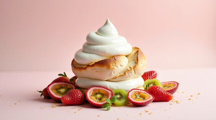 Australian pavlova dessert sits atop a soft, gradient pastel background