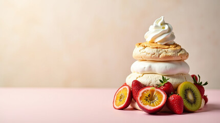 Australian pavlova dessert sits atop a soft, gradient pastel background
