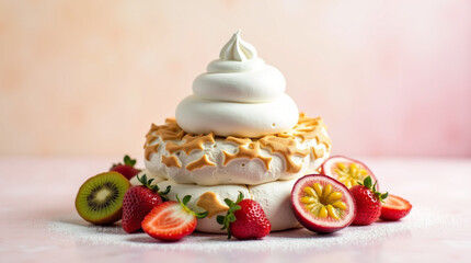 Australian pavlova dessert sits atop a soft, gradient pastel background