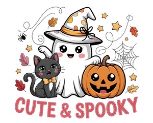 Kawaii Halloween Ghost Cat and Pumpkin Design