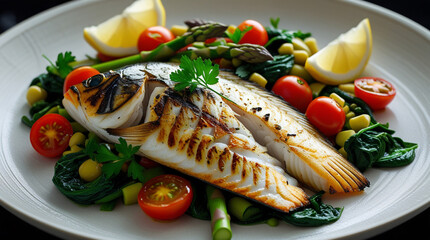 grilled barramundi fillet, cooked to perfection with a slightly charred crust