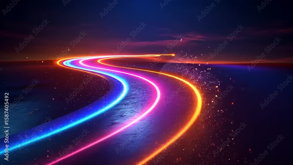 Poster vibrant neon light trails winding through a serene landscape at dusk, creating a dynamic visual effe