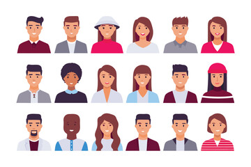 Diverse Portrait Set: A visually engaging collection of diverse, smiling faces, rendered in a vibrant, flat style that captures the essence of individuality and inclusivity.