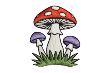 Embroidered red and purple mushrooms with green grass