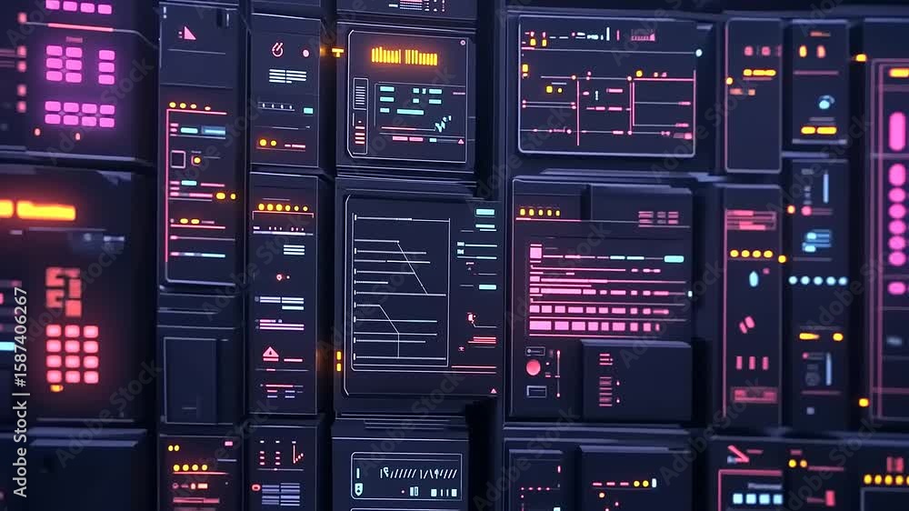 Poster futuristic digital interface display with vibrant neon colors showcasing data analytics and technolo