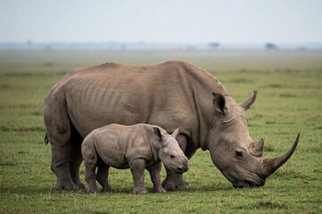 Fototapeta premium A mother rhino and her calf grazing in a vast green field under a soft, overcast sky. Ideal for themes of wildlife, conservation, and nature. 