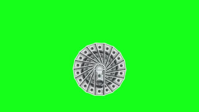 Green screen dollar rotation. 3D animation. Animated greenscreen video of Banknotes of the US American Dollar, 100 USD, green screen background, chroma key