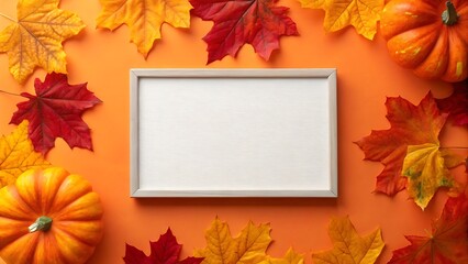 Autumnal Flatlay: Blank Frame Surrounded by Vibrant Maple Leaves and Pumpkins, Thanksgiving or Fall Theme