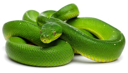 Green snake coiled on white background