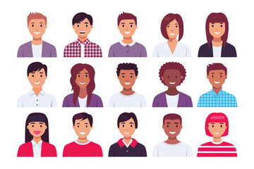 Diverse People Portrait: Collection of 15 smiling faces showcasing diversity of ethnicity, gender and style, representing modern demographic.
