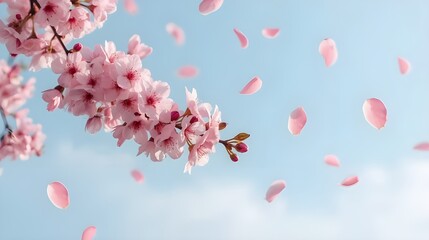 A graceful composition of falling cherry petals and vibrant blooms, evoking tranquility and seasonal charm.