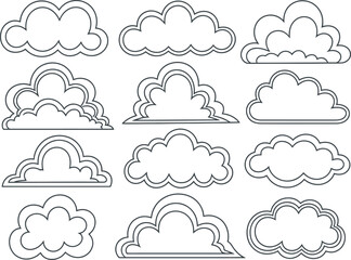 Illustration of twelve white cartoon clouds with black outlines on a light blue background