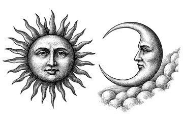 Vintage Engraved Sun and Moon with Human Faces and Clouds