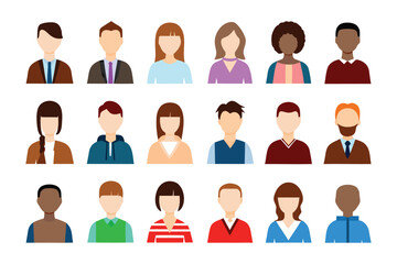Diverse Avatar Set: A collection of diverse flat-design avatar icons, representing a variety of ethnicities, genders, and hairstyles. Perfect for user profiles, social media, or website design.