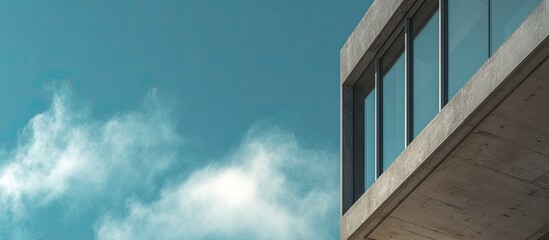 Modern concrete building corner against a clear sky with clouds