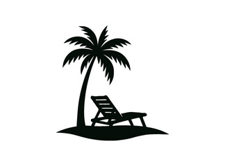 Palm tree and lounge chair on island silhouette isolated on transparent background