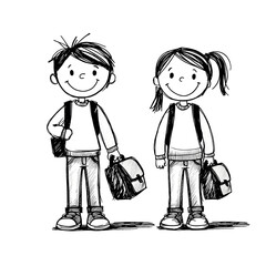 Hand drawn illustration of girl and boy with school bags. Back to school concept 