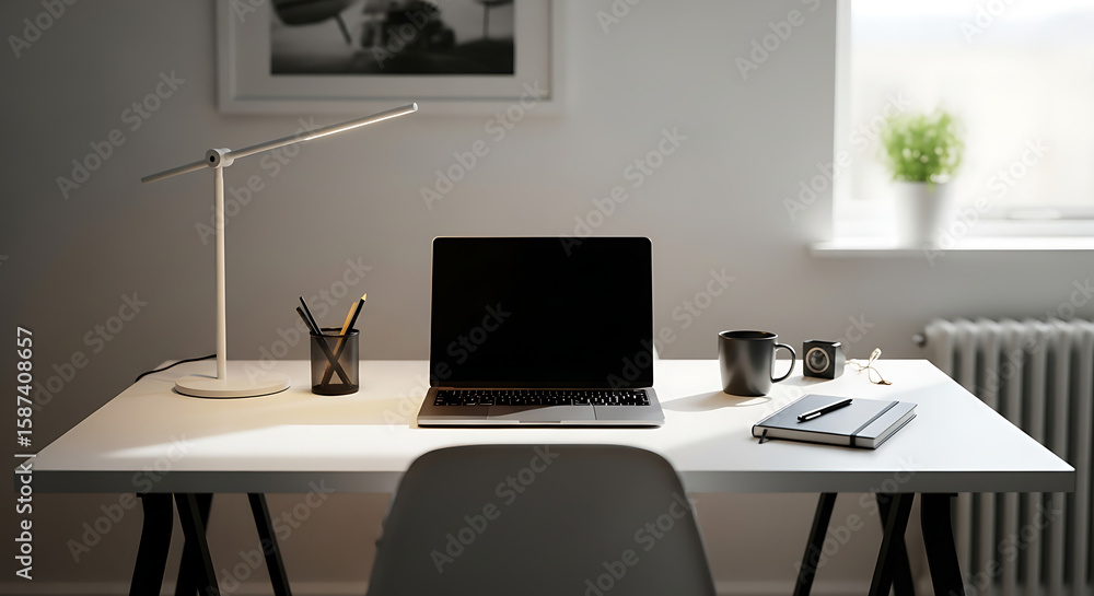 Poster modern workspace setup with laptop, lamp, and notebook on a white desk in a bright and minimalist ro