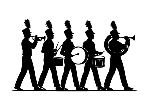 Marching band silhouette with trumpets, drums, white background.