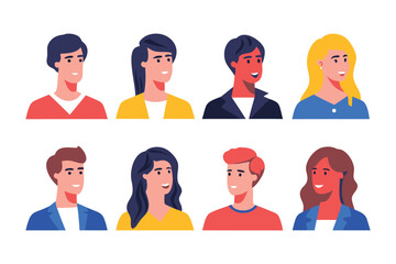 Diverse People Vector Illustration: A collection of minimalist portrait illustrations showcasing a diverse range of people, each facing forward with neutral expression in colorful clothing.