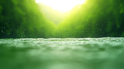 Sunlight shimmering on rippling water with falling raindrops