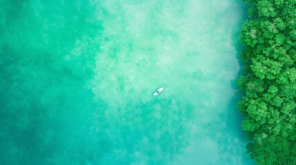 Serene paddleboarder glides through tropical turquoise waters near lush green coastline