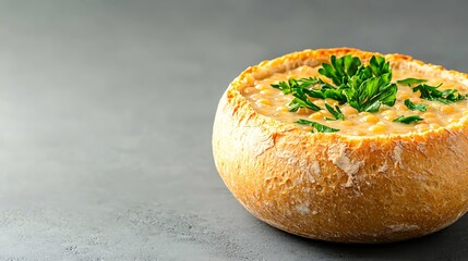 Hearty bean soup served in a crusty bread bowl with fresh parsley garnish