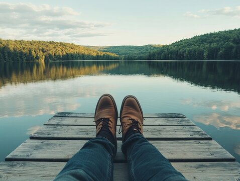 Person sitting on a dock dipping their feet into a calm lake