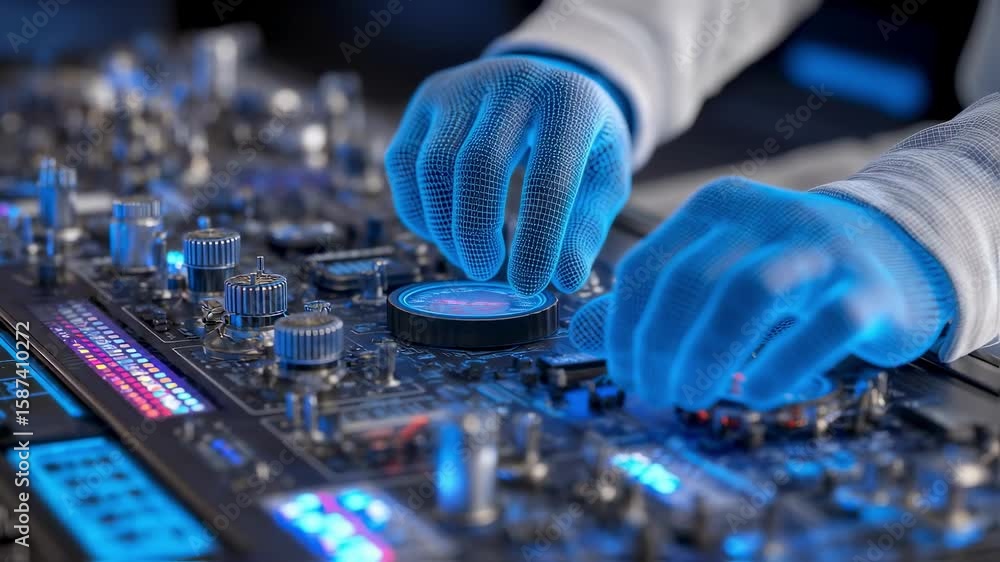 Poster hologram hands manipulating controls on advanced electronic equipment, showcasing innovative technol