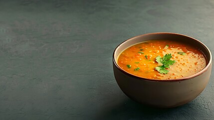 Hearty lentil soup garnished with fresh parsley in a rustic bowl