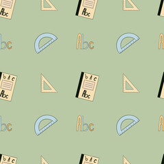 Seamless pattern with rulers, a notebook and abc