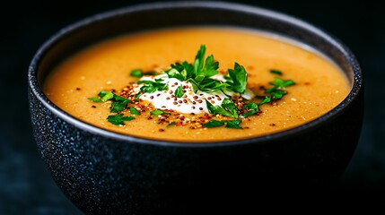 Creamy lentil soup garnished with fresh parsley and toasted quinoa
