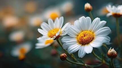 Fototapeta premium Daisy Close - up: White Petals and Yellow Stamens, Creating Fresh and Natural Atmosphere