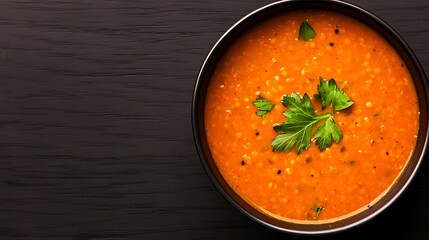 Hearty lentil soup garnished with fresh parsley on a dark wooden table