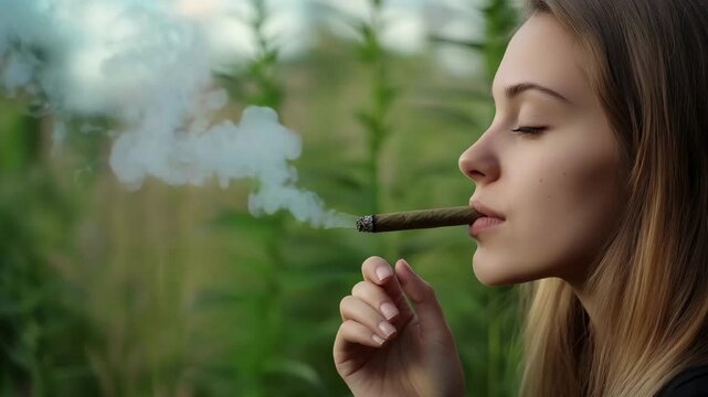 Young woman enjoying cannabis cigarette in relaxed atmosphere