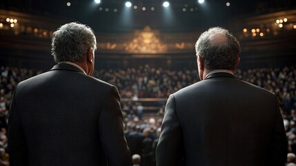 Back view of two formally dressed men addressing a vast crowd in a dimly lit auditorium under bright stage lights