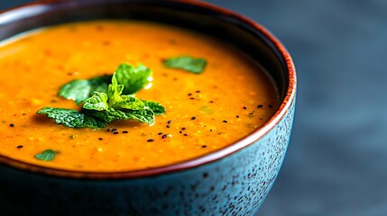 Warm and hearty lentil soup garnished with fresh mint and black seeds