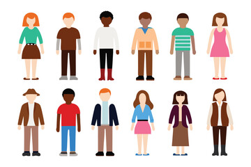 Diversity of Personalities: A mosaic of 12 stylized figures representing diverse individuals in varying attire, each a unique embodiment of the human experience.
