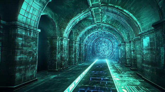 Mysterious illuminated tunnel with glowing patterns, showcasing intricate stonework and shadows